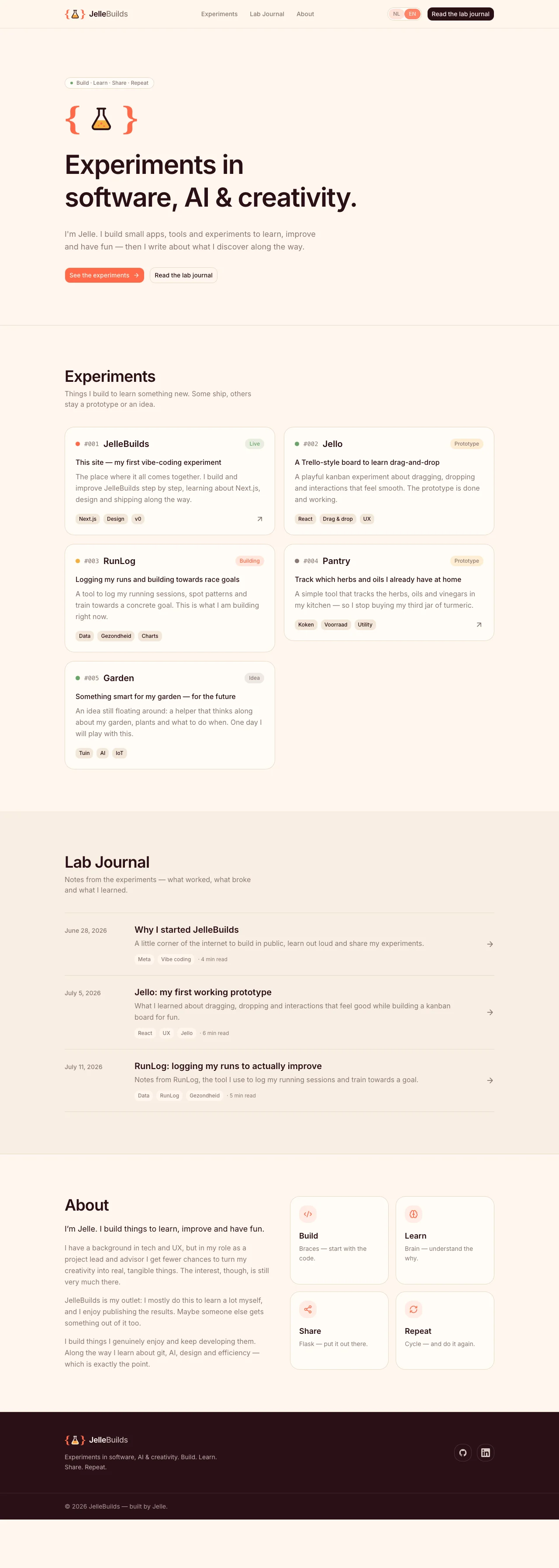 Screenshot van de JelleBuilds homepage met hero en experimenten