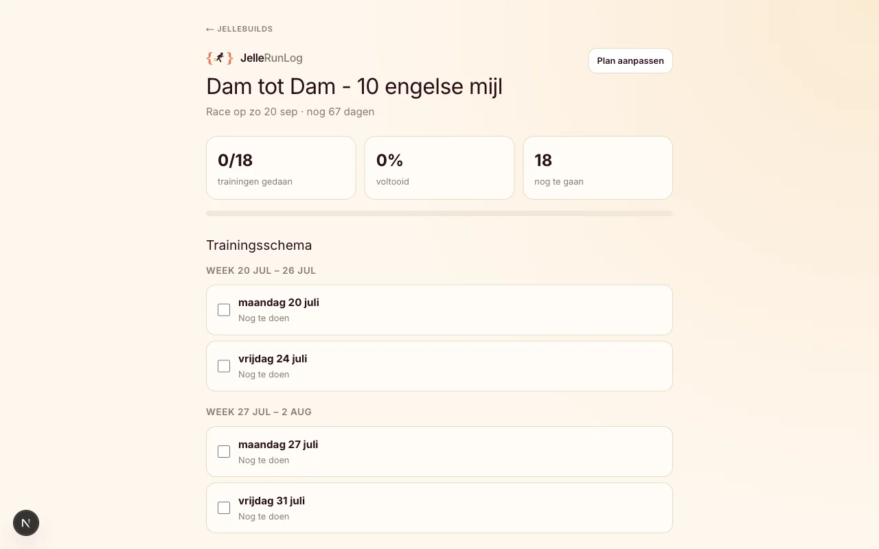 Screenshot van JelleRunLog met trainingsschema en voortgangsbalk