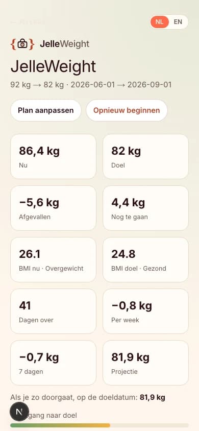Screenshot van JelleWeight met stats, grafiek en wegingen