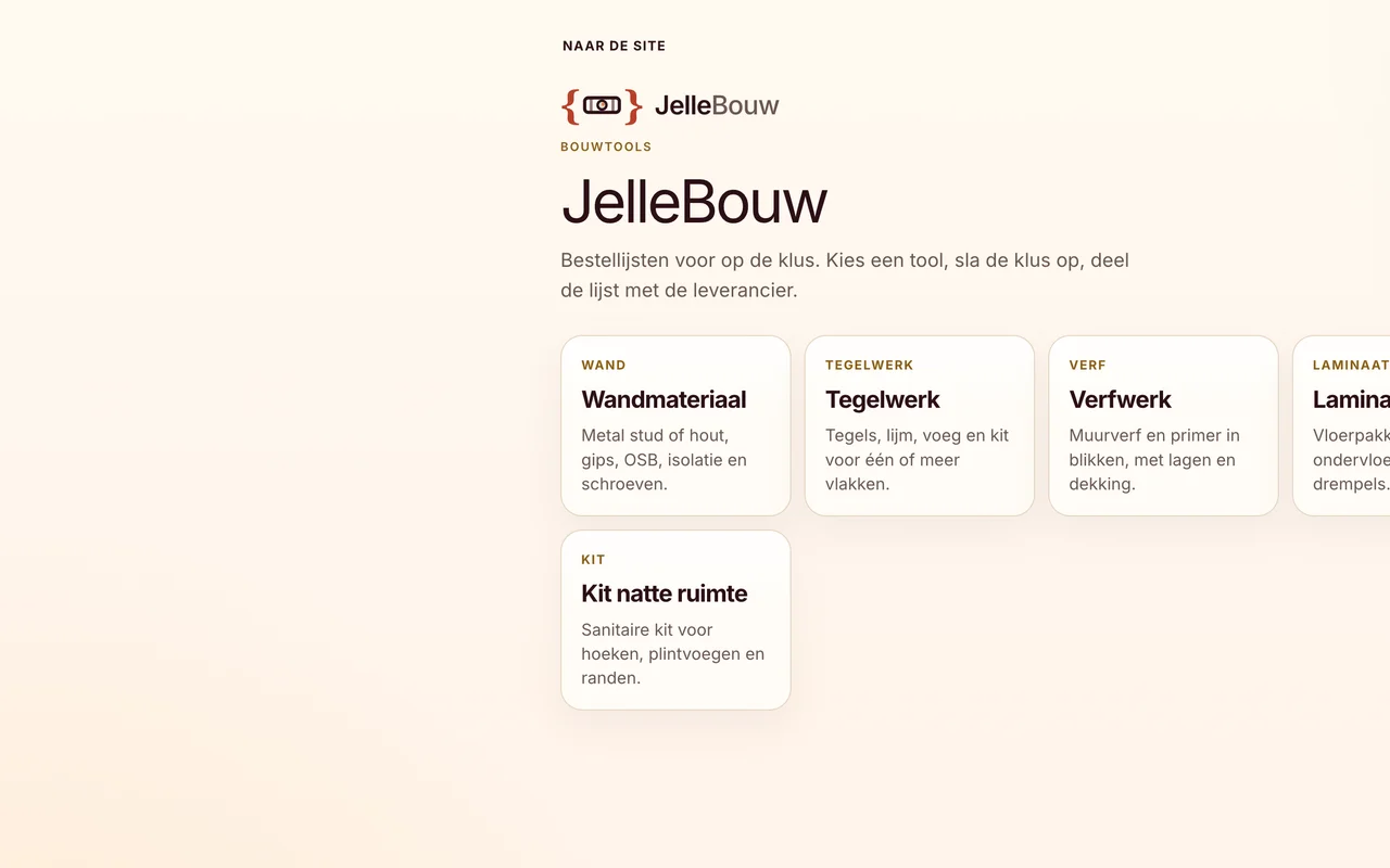 Screenshot van JelleBouw-hub met tools voor wand, tegel, verf, vloer en kit